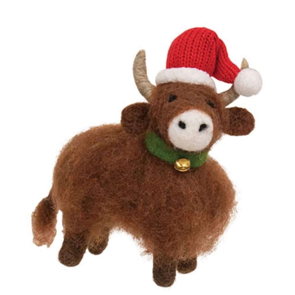Christmas Highland Cow Felted Ornament Farmhouse Holiday Decor - 3.25" x 2" x 5"