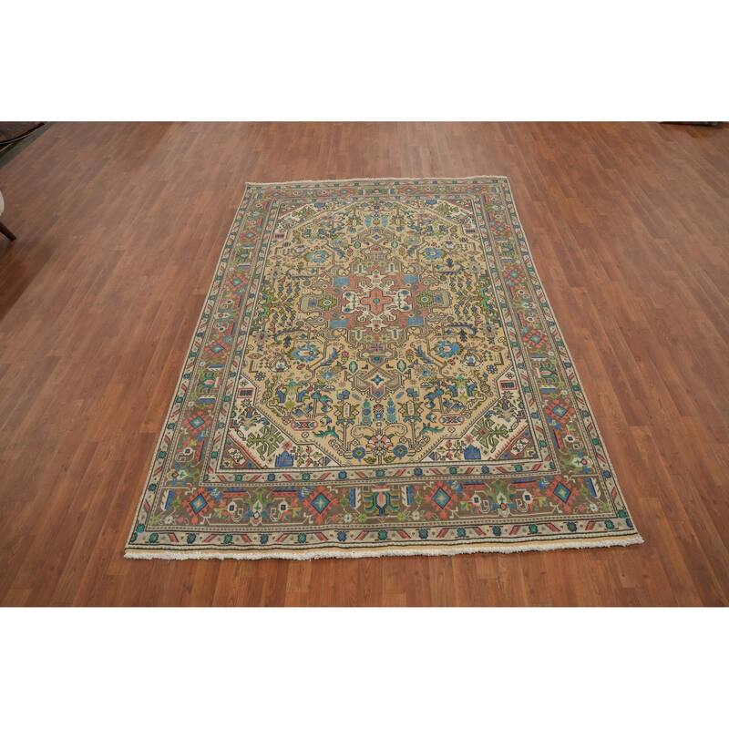 Hand Knotted Oriental 100% Wool Carpet Traditional Floral Peach Tabriz Area Rug - 9' 6'' X 6' 3''