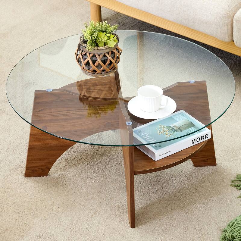 Round Tempered Glass Coffee Table with Fan Shaped Pedestal and Walnut Legs - Transparent,Walnut