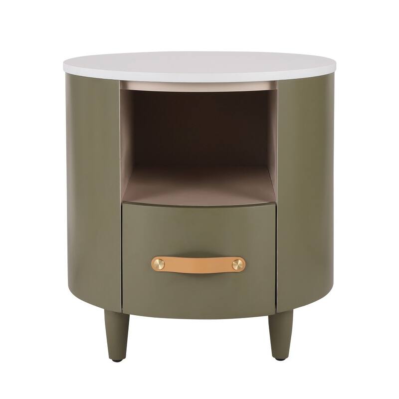 Modern Round Nightstand with Storage Drawer and Open Storage Shelf for Living Room