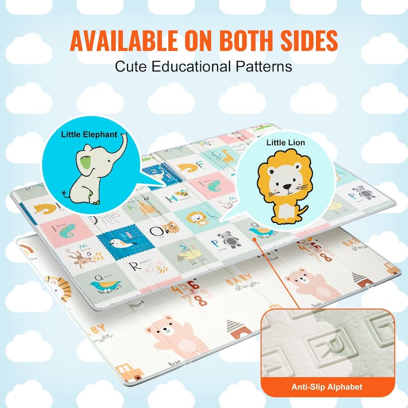 Multi-Color Baby Play Mat, Dual-Sided, Soft and Foldable for Crawling - 79” L x 51” W