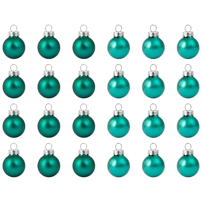 2-Finish Mini Christmas Glass Ball Ornaments - 1" (25mm) - Teal Green - 24ct