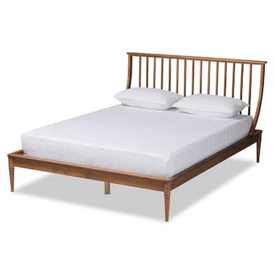 Traditional Wood Platform Bed - Walnut Brown Finish, Spindled Headboard, Turned Legs, Full Size Bed Frame