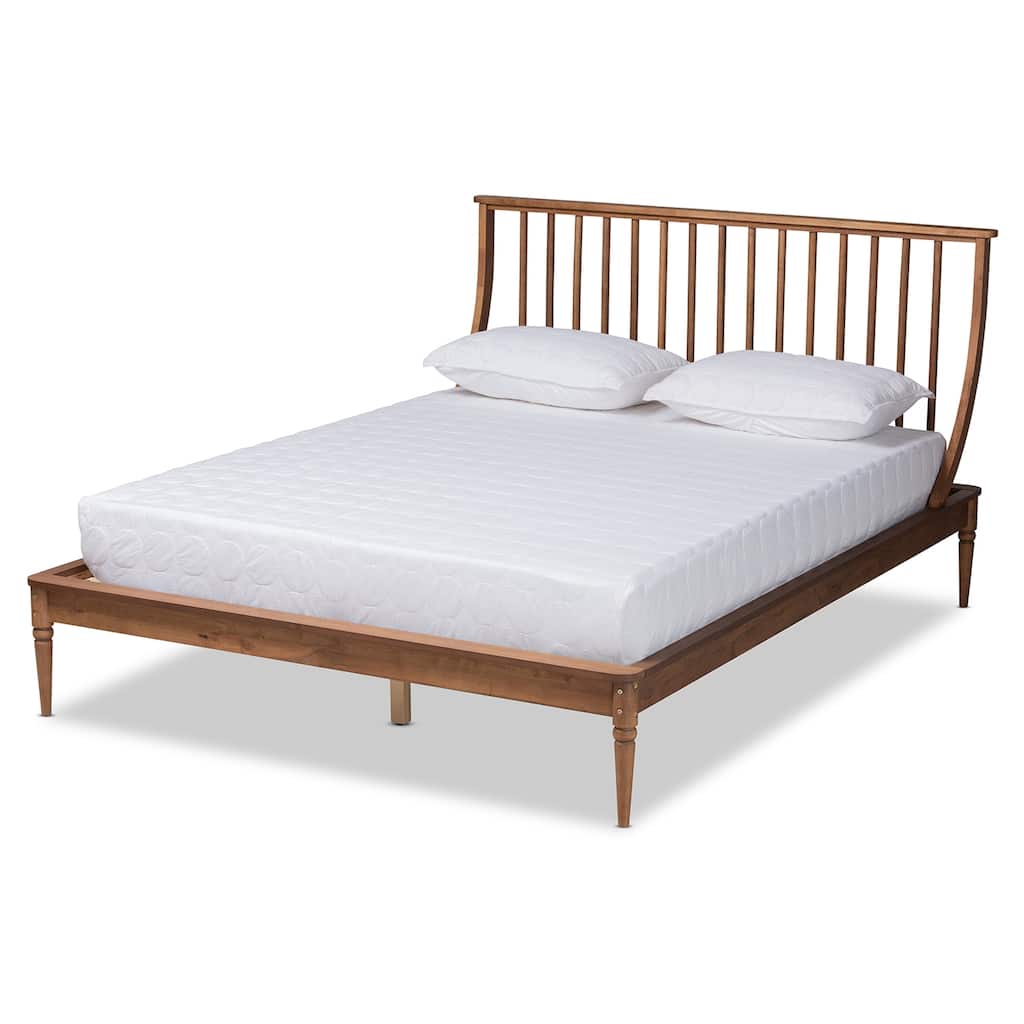 Traditional Wood Platform Bed - Walnut Brown Finish, Spindled Headboard, Turned Legs, Full Size Bed Frame