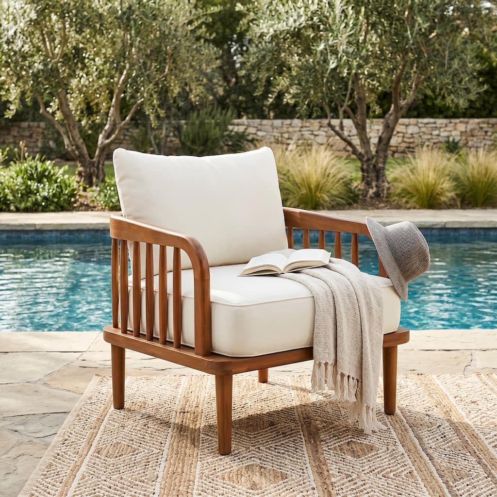 Christopher Knight Home - Vivaro Outdoor Patio Chair with Vertical Slatted Acacia Wood Arms & Deep Water-Resistant Seat Cushion