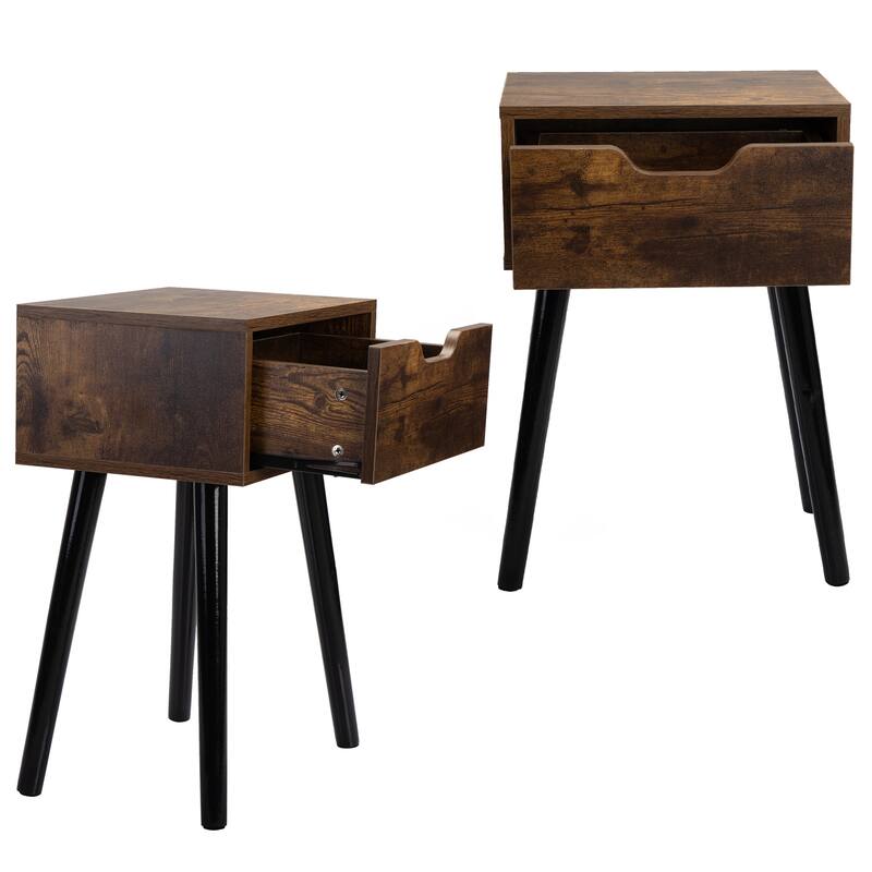 Modern Rustic Wood Side Table with Storage Drawer for Bedroom or Living Room