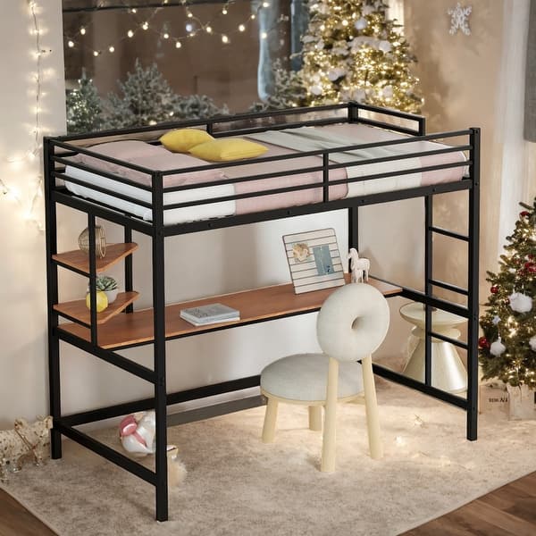 slide 2 of 26, Twin Size Loft Bed With Desk and Shelve,Solid Construction Black