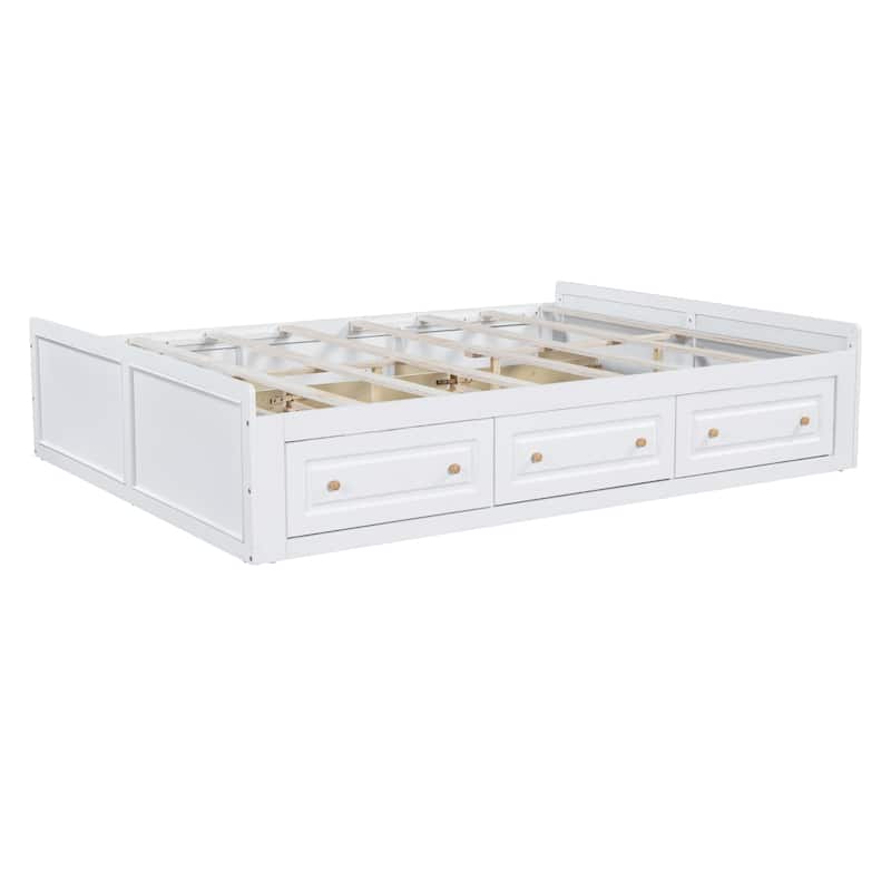 Queen Size Platform Bed Frame with 6 Storage Drawers, White