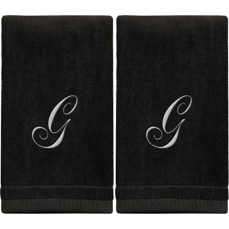 Monogrammed Black Towels Fingertip Embroidered with Initials - G