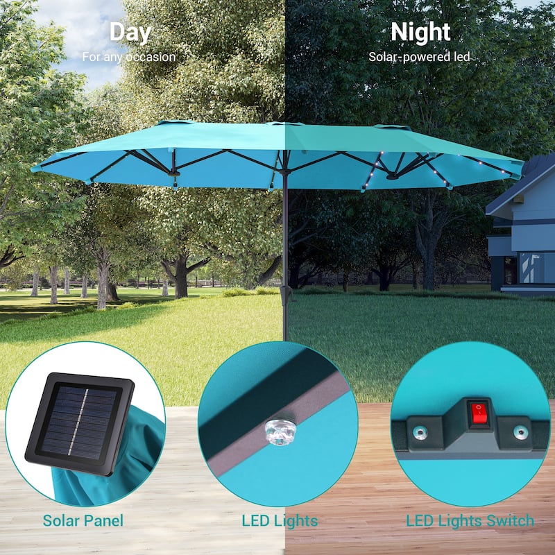 BONOSUKI 13 x 7.2ft Solar-Powered LED Double-Sided Patio Umbrella with Large Canopy Outdoor Table Umbrella for Garden, Navy Blue