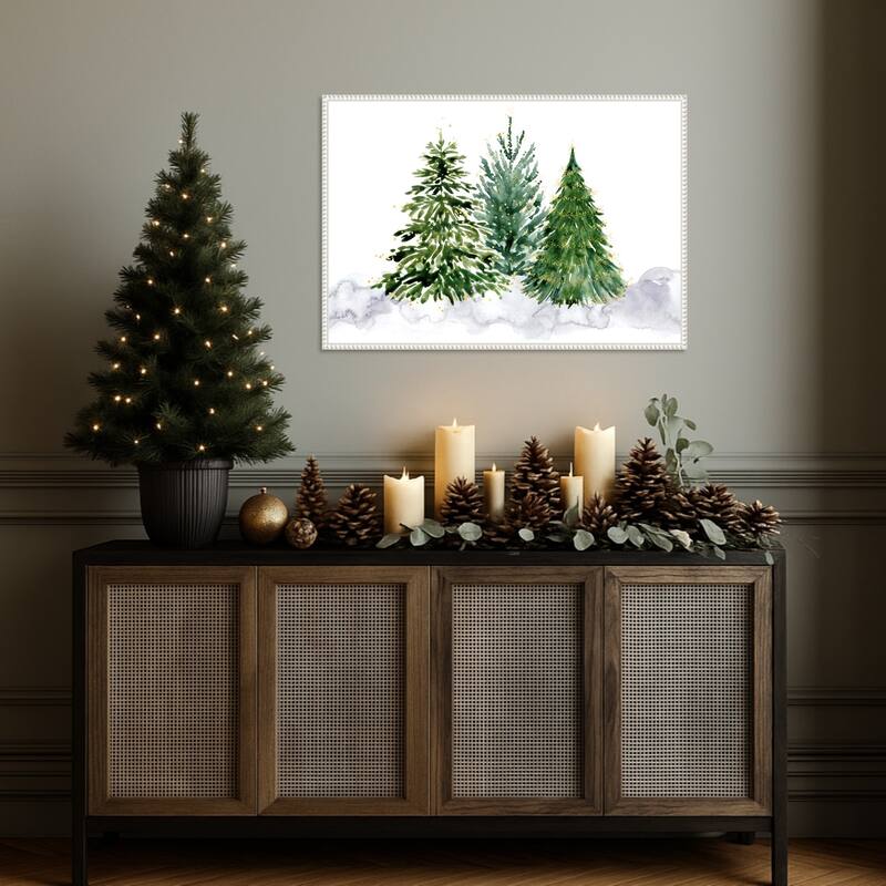 Three watercolor Christmas trees by Rosana Laiz Blursbyai Framed Canvas Wall Art Print