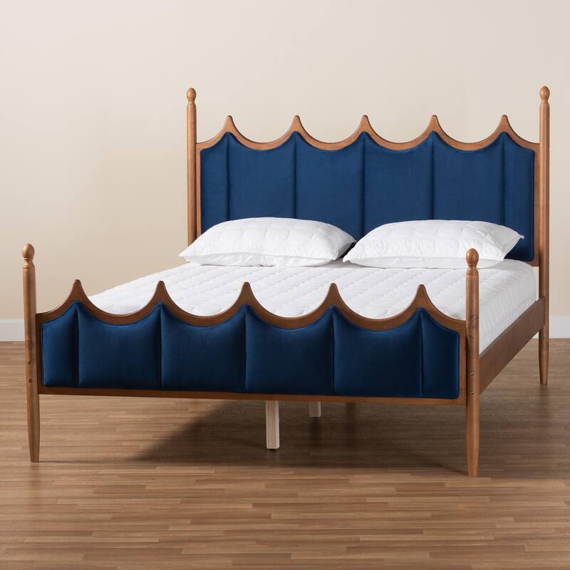 Calgary Retro-Modern Royal Blue Velvet Fabric and Walnut Brown Wood Queen Size Platform Bed