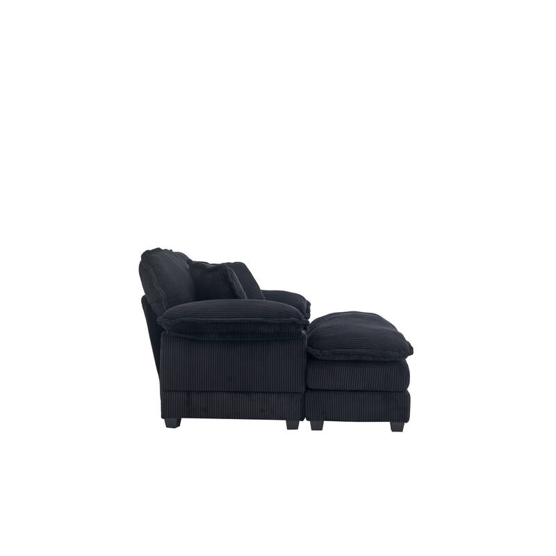 Deep Seat Accent Chair & Ottoman Set of 2, Reclining Sofa Chair, Corduroy Upholstered Chaise Lounge Couch with 2 Toss Pillows