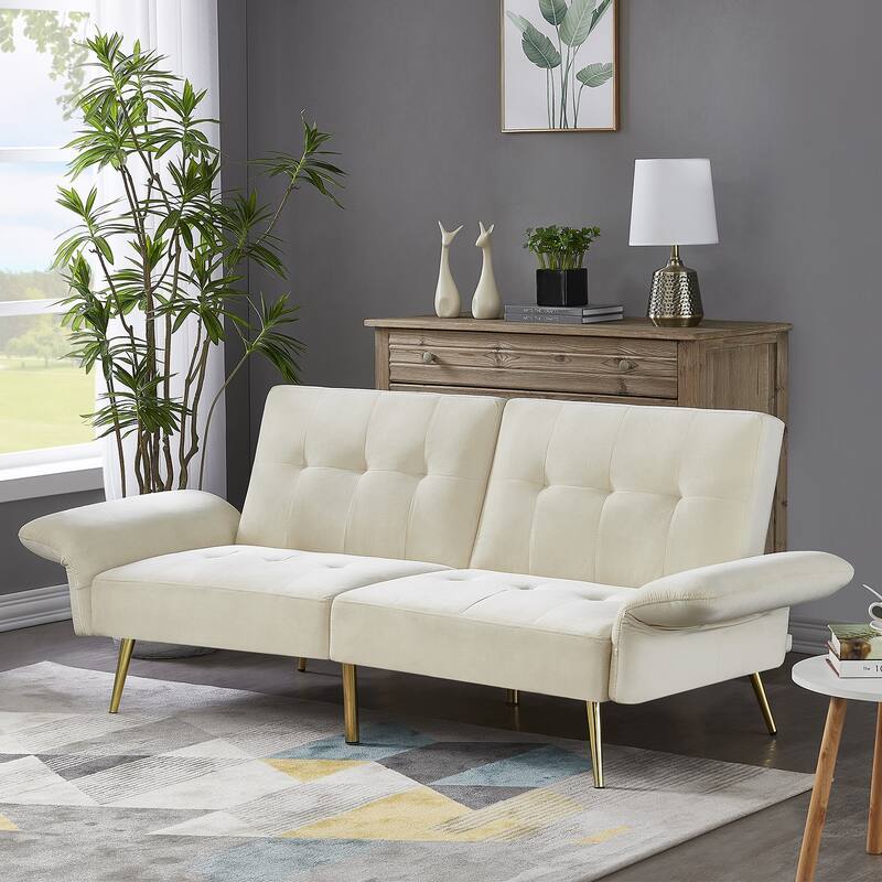 Italian Velvet Convertible Sleeper Sofa Bed with with Folded Armrests and Storage Bags