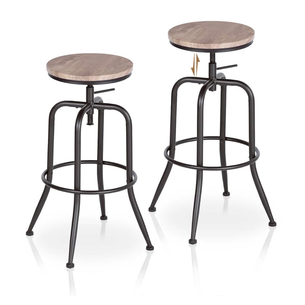Walnut Wood Backless Adjustable Swivel Bar Stools with Black Iron Frame and Footrests Set of 2 - 15.5” x 15” x 30.3” (D x W x H)