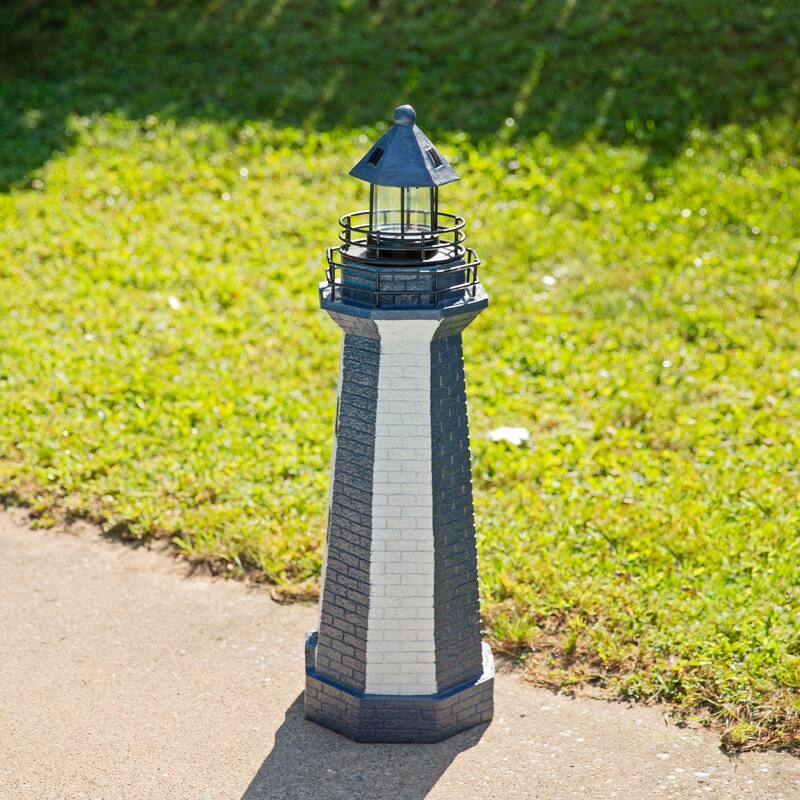 Sunnydaze Solar Striped LED Lighthouse Outdoor Decor - 36" - Blue