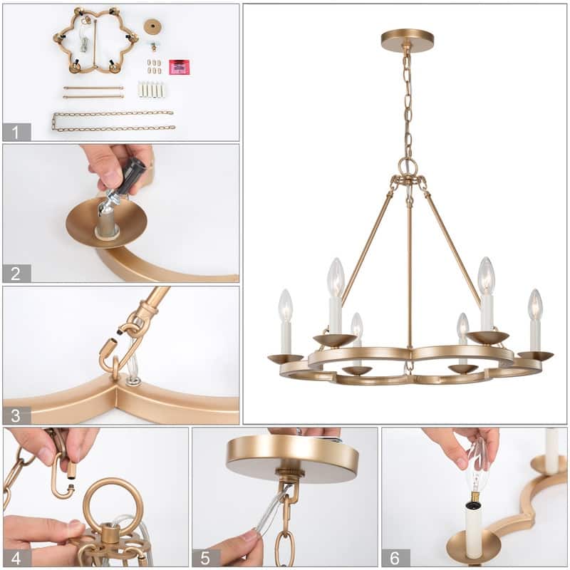 Mid-Century Modern 6-light Wagon Wheel Chandelier Circle Candle Dining Room Lights - L23.5" x W23.5 " xH20.5"