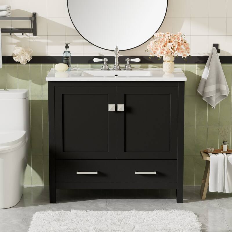 GDFStudio - Aurora Wood Bathroom Vanity Set with Ceramic Sink and Divided Drawers