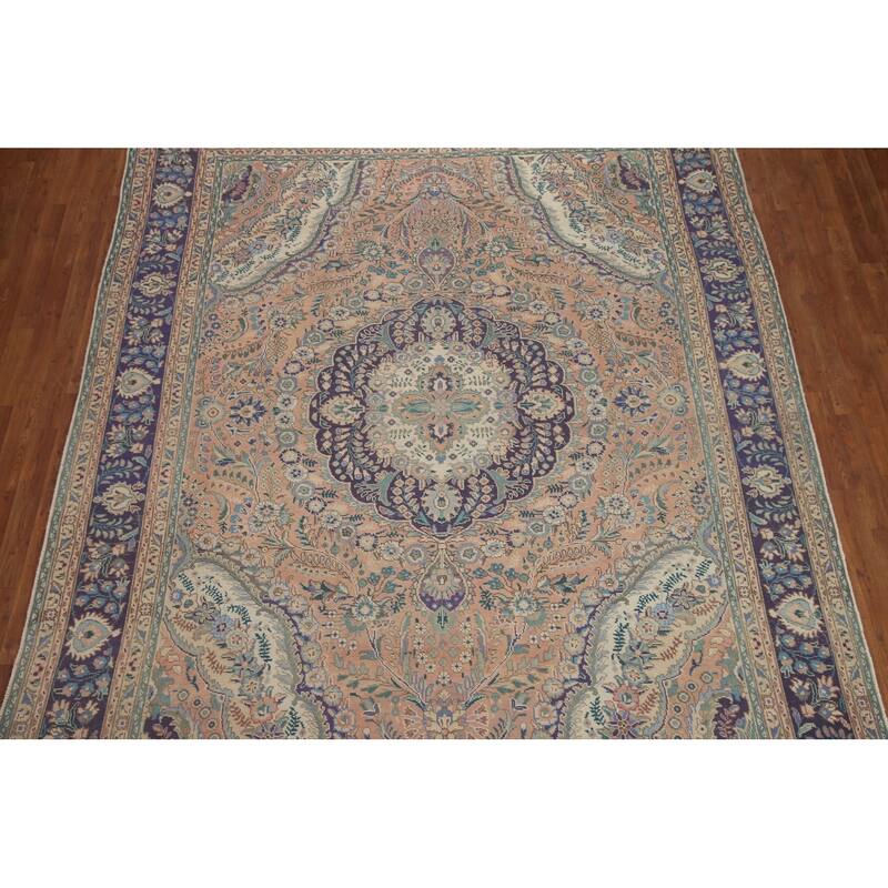 Hand Knotted Oriental 100% Wool Carpet Traditional Floral Pink Tabriz Area Rug - 11' 3'' X 8' 3''