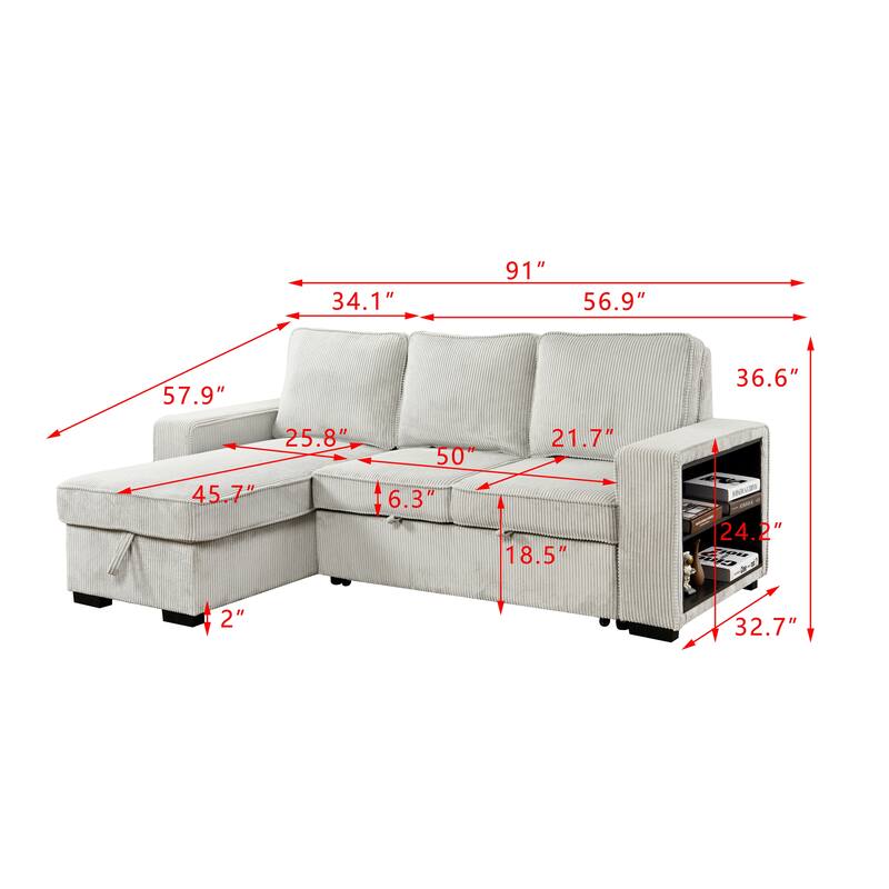 L-Shaped Sectional Convertible Sleeper Sofa Bed with Storage, USB Port & Cup Holder - Beige