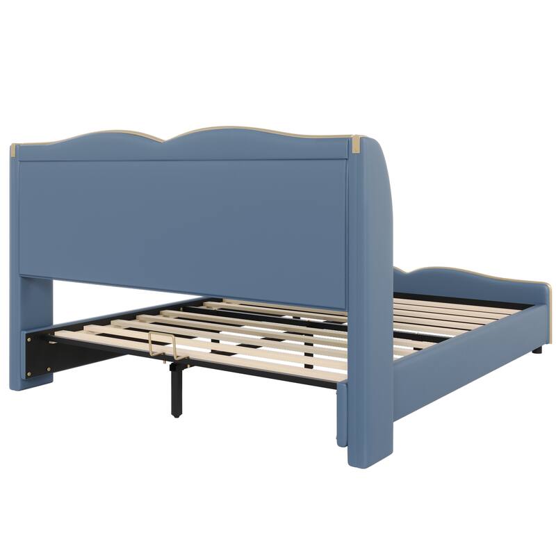 Queen Size Leather Bed Frame with Wingback Headboard and Wavy Footboard, No Spring Box Needed, Antique Blue