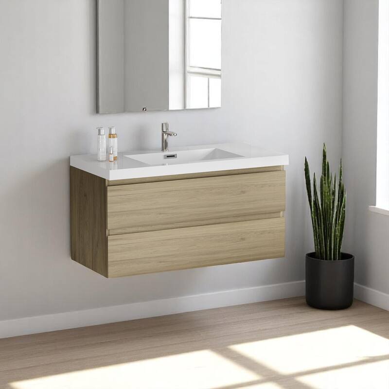 42" Floating Bathroom Vanity with Sink, Wall-Mounted Modern Storage Cabinet, Resin Countertop, Soft Close Drawers - Natural