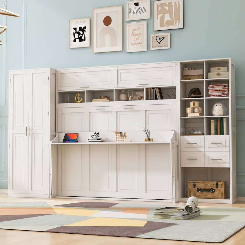 Full Size Wall Bed with Closet, Drawers, and Shelves in White