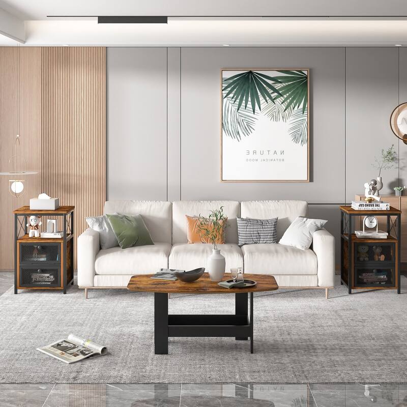 Javlergo 3-Piece Living Room Table Set, Industrial Coffee Table with 2 End Side Tables