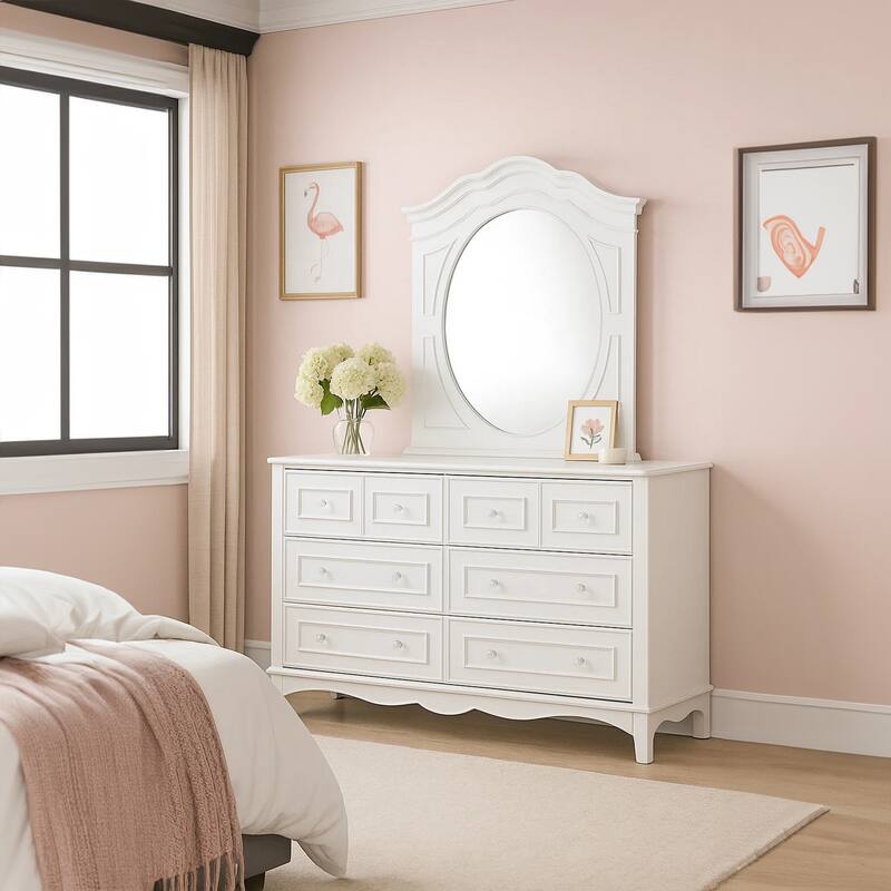 Calpan Wide Dresser, 6 Drawers, Modern White Solid Wood Frame