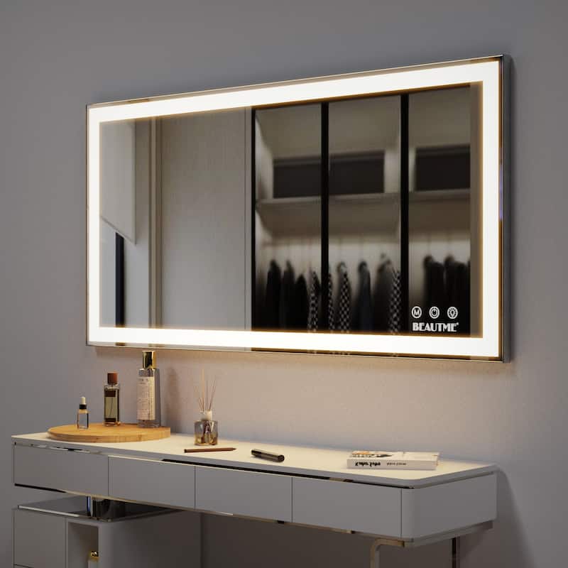 48x24 inch LED Bathroom Vanity Mirror Wall Mounted Adjustable White/Warm/Natural Lights Anti-Fog Touch Switch with Memory Smart