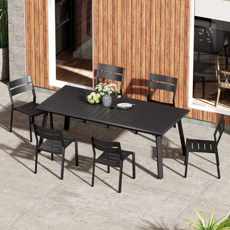 7/9/11 Piece Patio Dining Set Outdoor All-Weather Aluminum Dining Table with Umbrella Hole and Stackable Chairs - Set of 7 - with armless chair