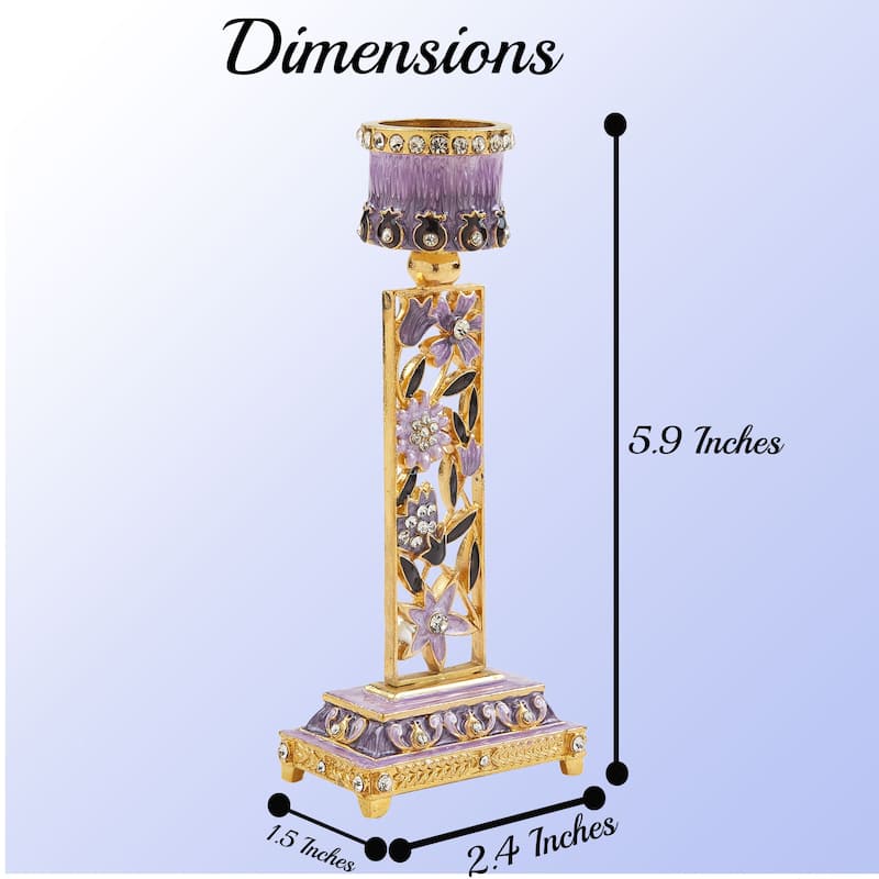 Matashi Shabbat Candlestick (2-Piece Set) Hand-Painted, Gold-Plated Pewter | Adorned w/ Pomegranates and Flowers (Purple)