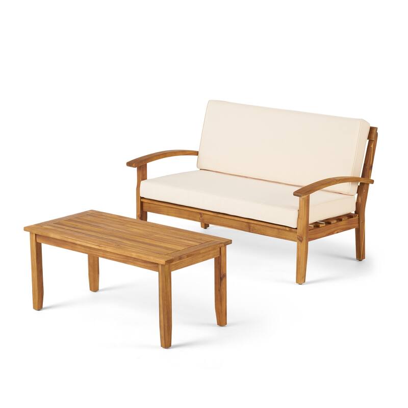 Roomfitters Outdoor Coffee Table with Beige Cushion, Slatted Rectangular Top, Patio Seating Side Table