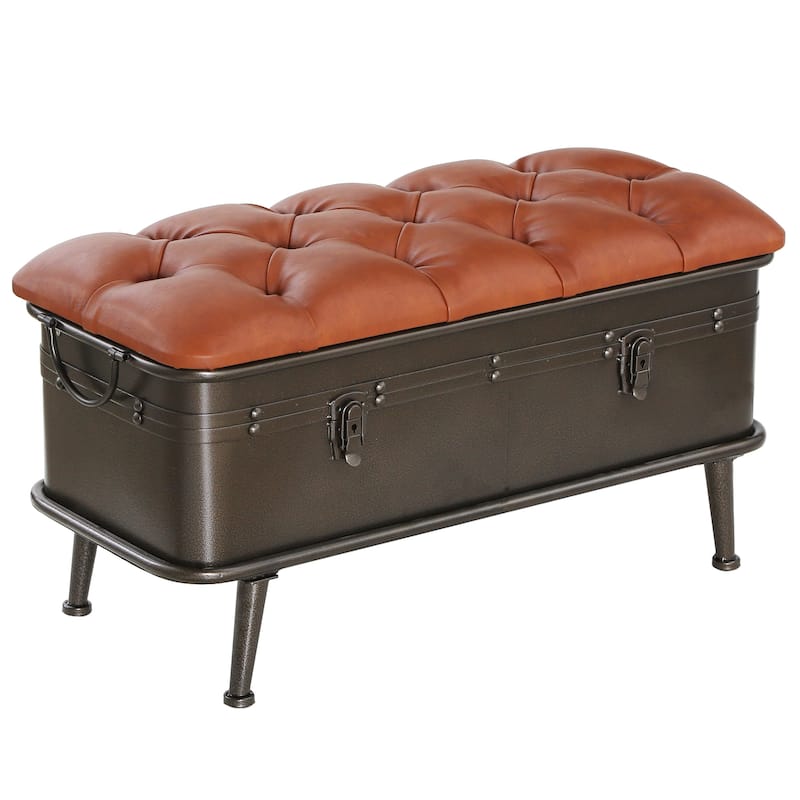 River of Goods Tan Tufted Faux Leather and Distressed Metal 17-inch High Storage Bench - Tan