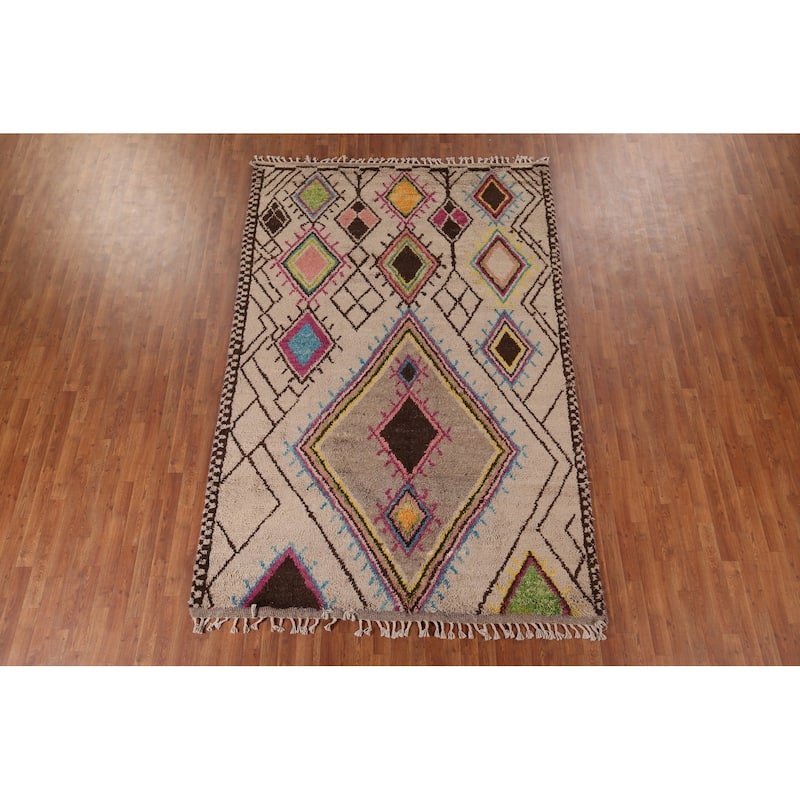 All-Over Plush Geometric Moroccan Area Rug Handmade Wool Carpet - 6'9" x 10'2"