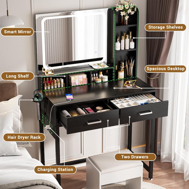 Makeup Vanity Desk with Drawers and Adjustable Lighting Mirror, Vanity Table with Charging Station and Shelves