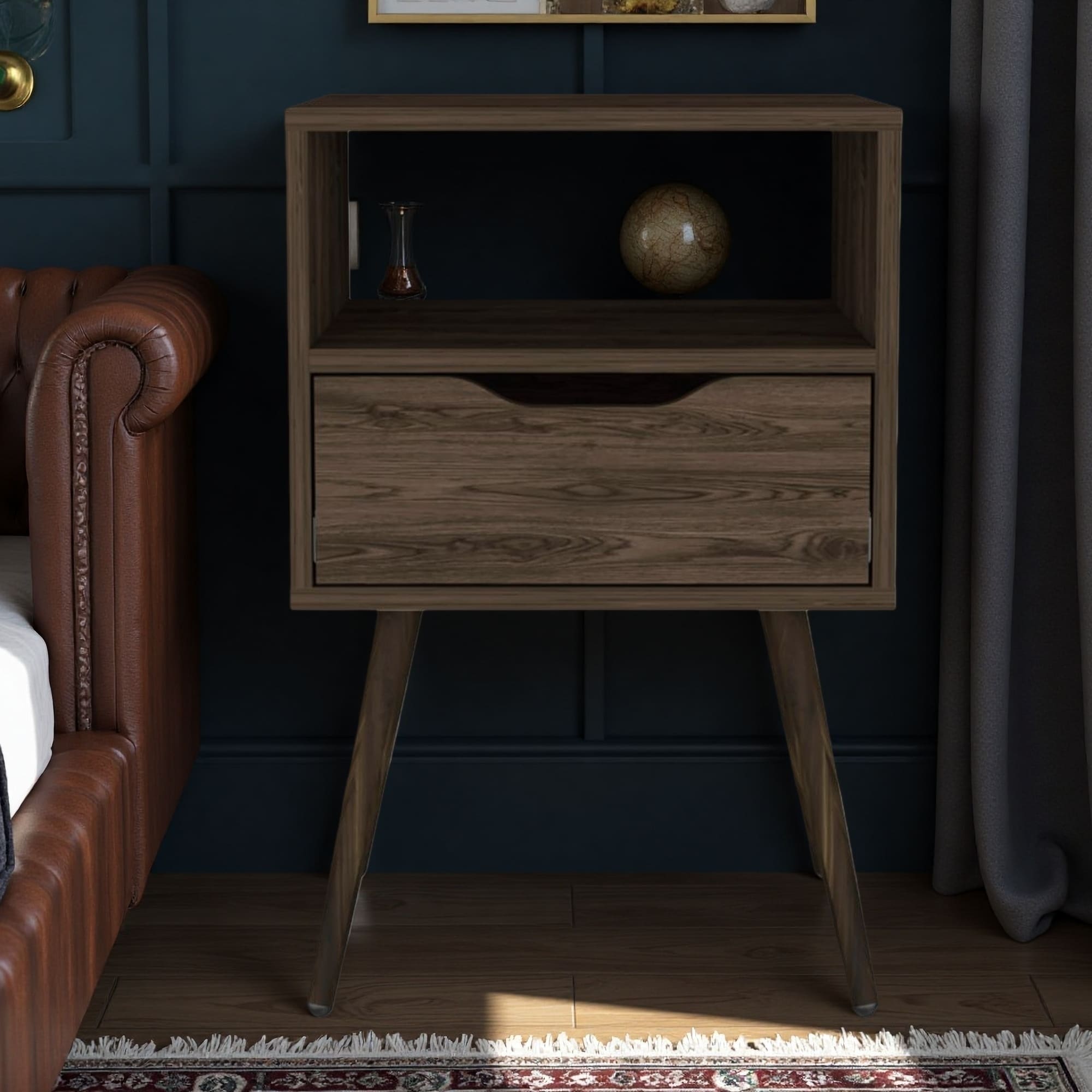 15.8"L Laminated Particleboard Nightstand with Superior Top, One Drawer & Open Shelf, Four Legs - Multipurpose End Table