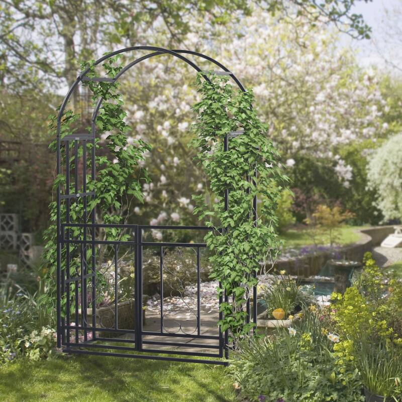 81"Metal Garden Arbor with Double Doors, Locking Gate, Climbing Vine Frame with Heart Motifs,Grey