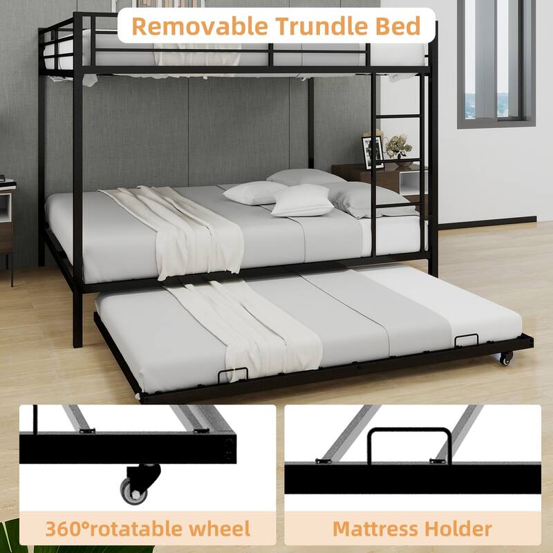 Queen Size Metal Bunk Bed with Safety Rails, Trundle, and Easy Assembly