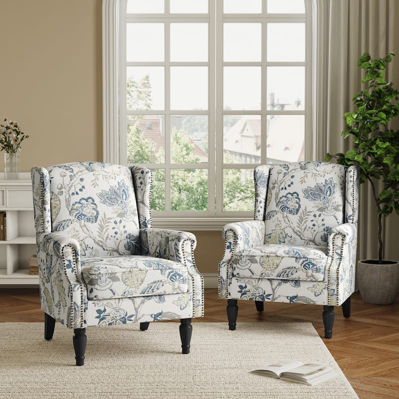 2 Set Transitional Patterned Wingback Accent Chairs with NailHead - Plants Blue