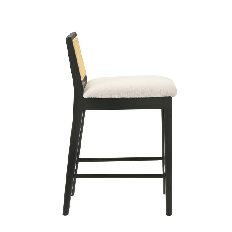 Tobias Rattan and Wood Bar Stool, Counter Height Kitchen Stool with White Boucle Fabric Upholstered Seat