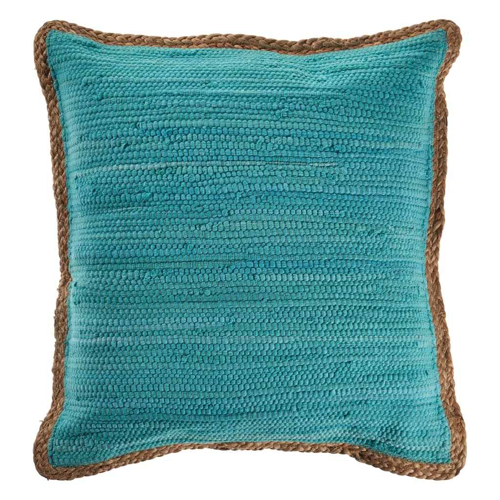 20" Turquoise Blue and Tan Handmade Bordered Square Throw Pillow