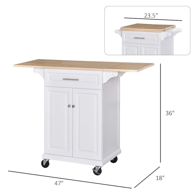 HOMCOM Kitchen Island Cart on Wheels with Extended Counter Drawer Cabinet Towel Racks Versatile Use Natural Wood Top and White