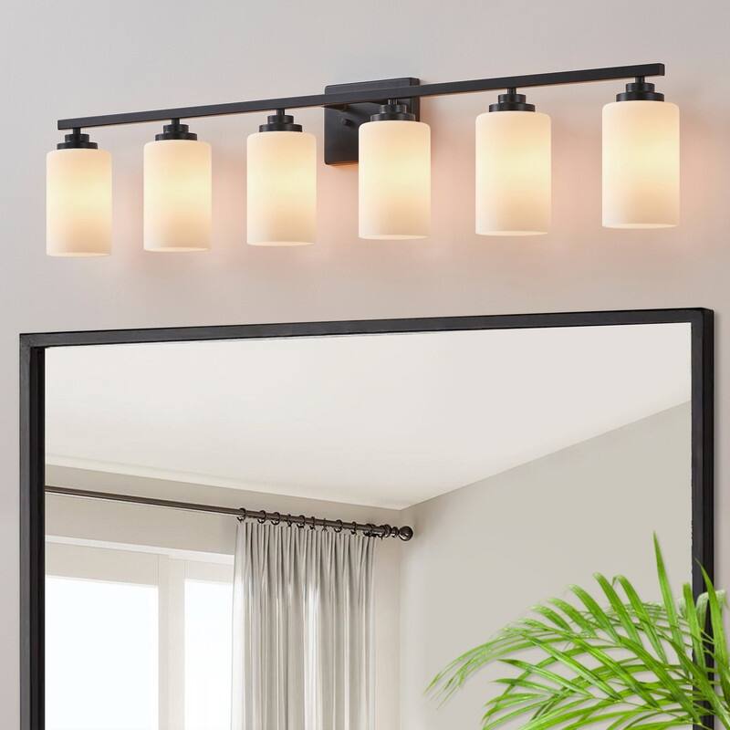 KAWOTI Rive 43" 6-Light Modern Vanity Light with Frosted White Glass - Black