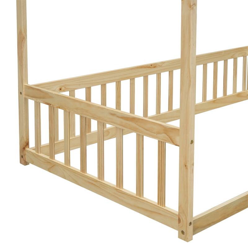 Twin Size Canopy Frame Floor Bed with Fence,Guardrails