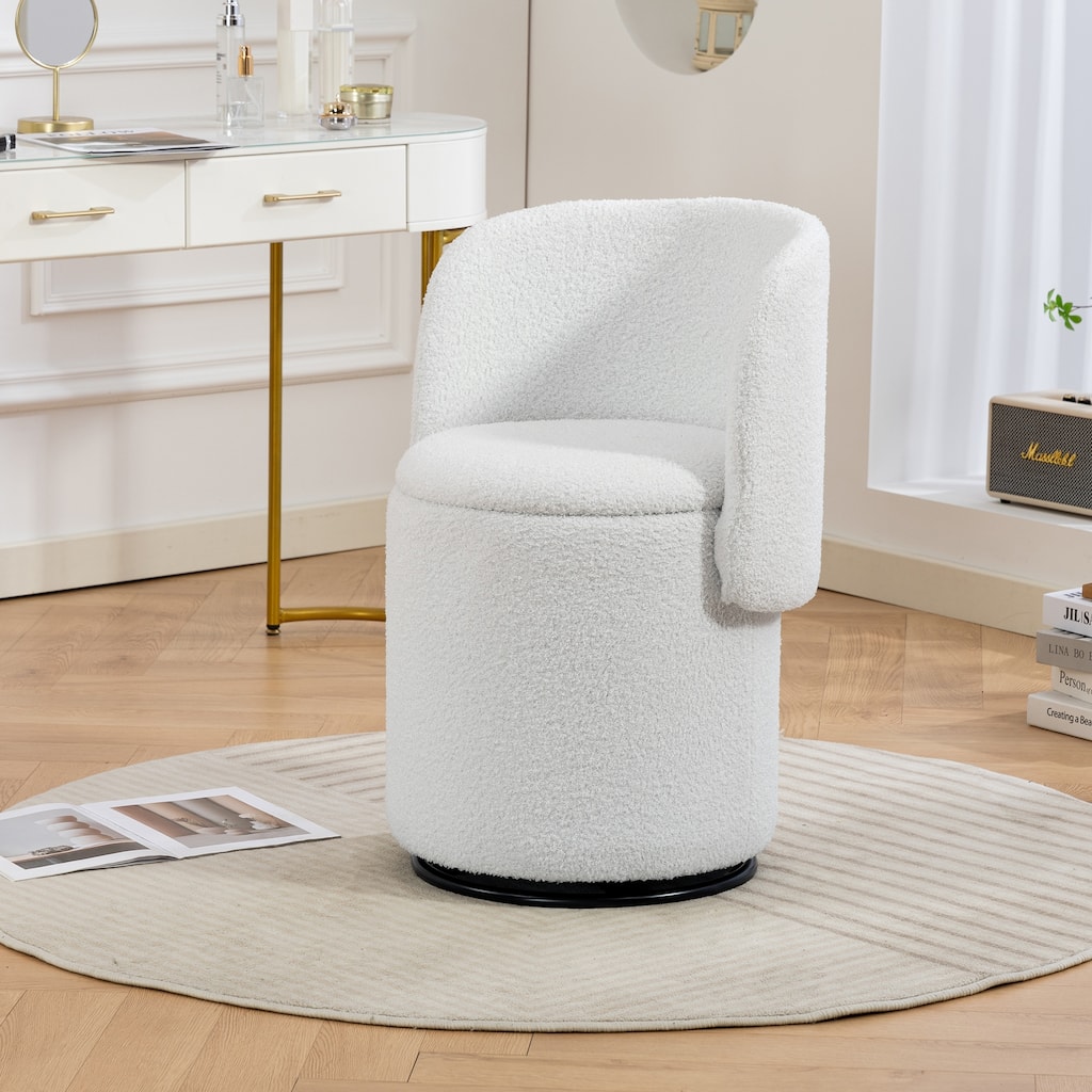 Stylish Upholstered Barrel Chair: 360°Swivel Vanity Stool for Bedroom & Dining Chair, Built-in Storage, Soft Padded Accent Seat