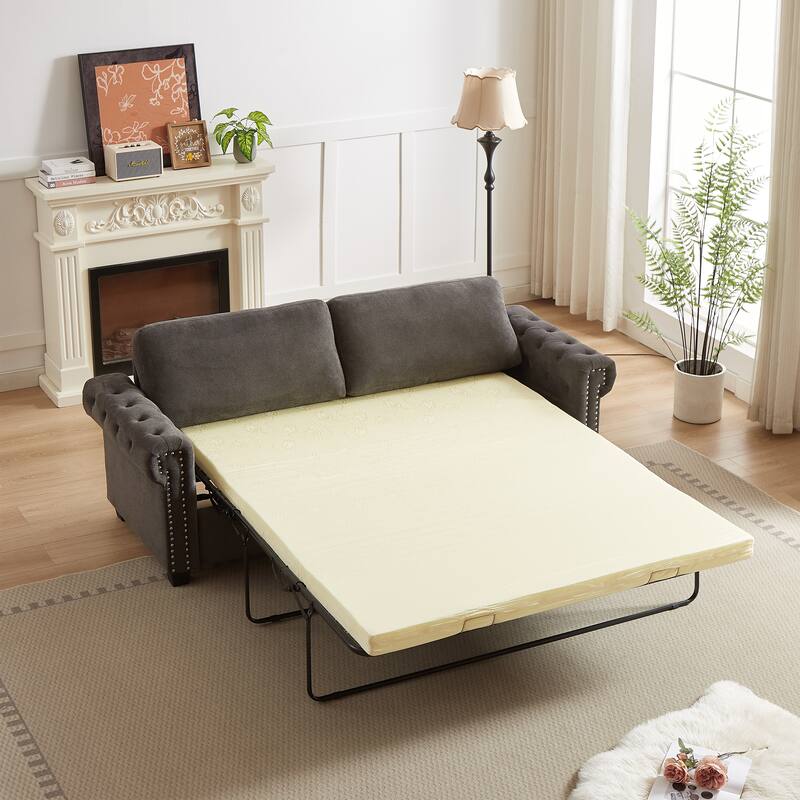83.8" 2-in-1 Polyester 3-seater Nailheads Convertible Pullout Sofa Bed with Folding Mattress for Living Room