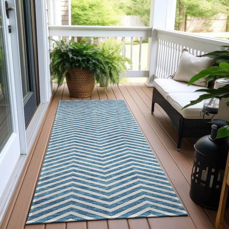 Machine Washable Indoor/ Outdoor Chantille Chevron Stripe Rug - Teal - 2'3" x 7'6"