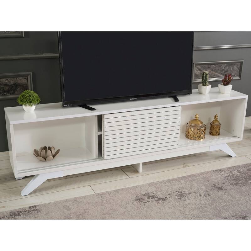 FurnisHome Store Luxia Mid Century Modern Tv Stand 2 Sliding Door Cabinet 2 Shelves 67 inch Tv Uni, White