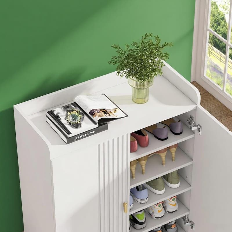 White and Gold 6-Tier Shoe Cabinet with Adjustable Shelves for Entryway or Bedroom Storage - 29.5" W x 13.8" D x 43.3" H